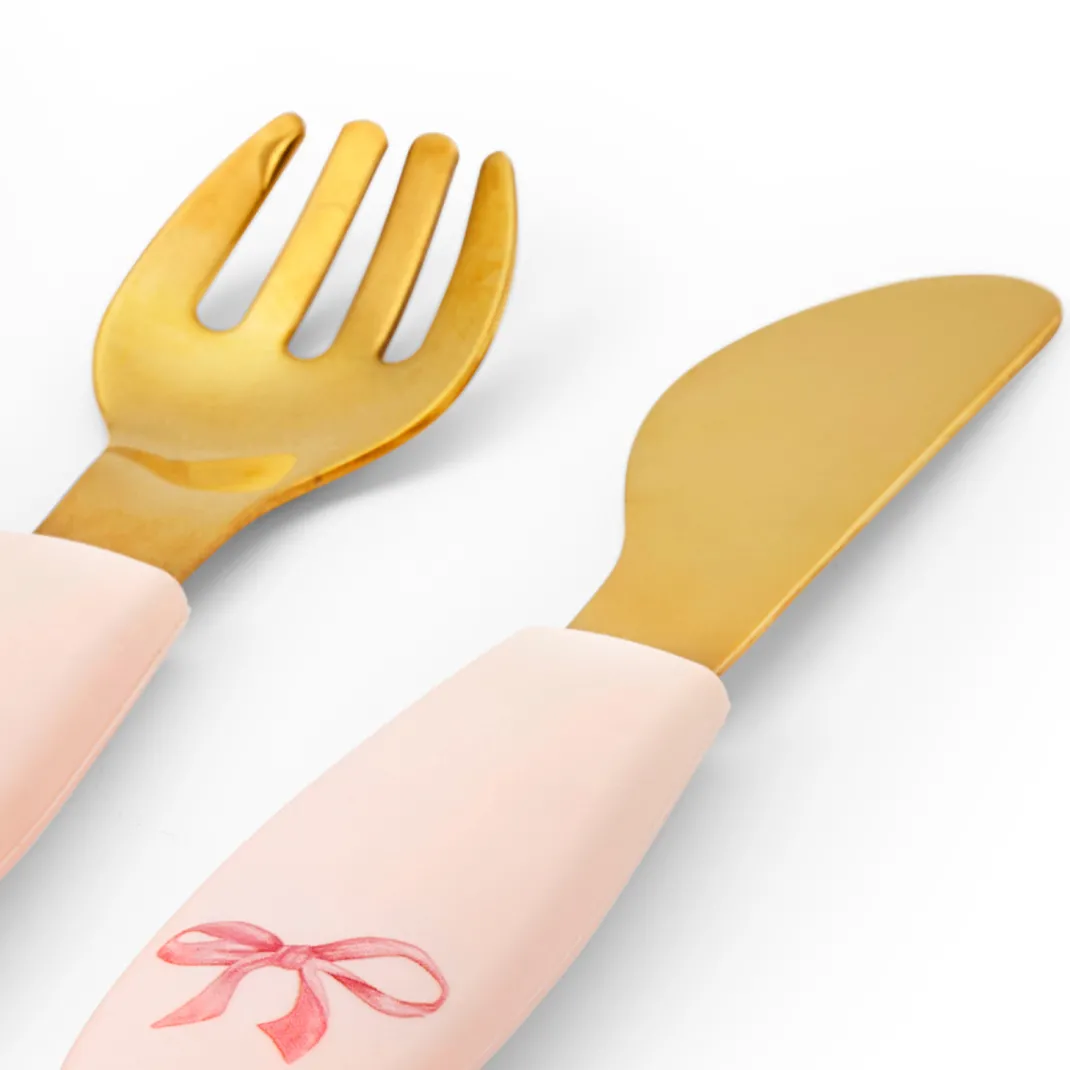 Silikontallrik med bestick - Rosy Bow